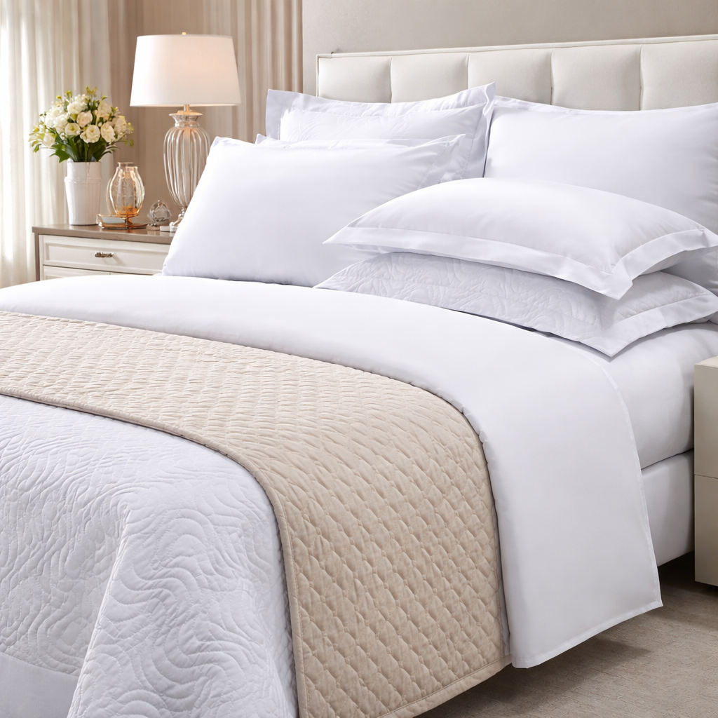 Cama com enxoval branco e peseira decorativa bege